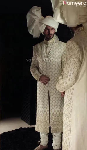 Pakistani Designer Jamawar White Sherwani for Men #GN05