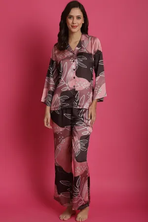 Pink Floral Printed Satin Night Suit for Women | S-XL | Claura