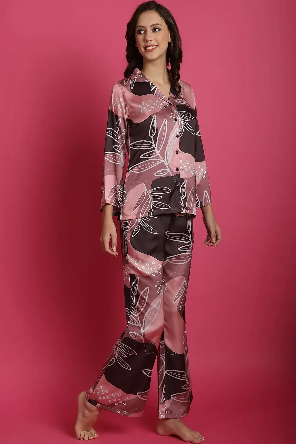 Pink Floral Printed Satin Night Suit for Women | S-XL | Claura