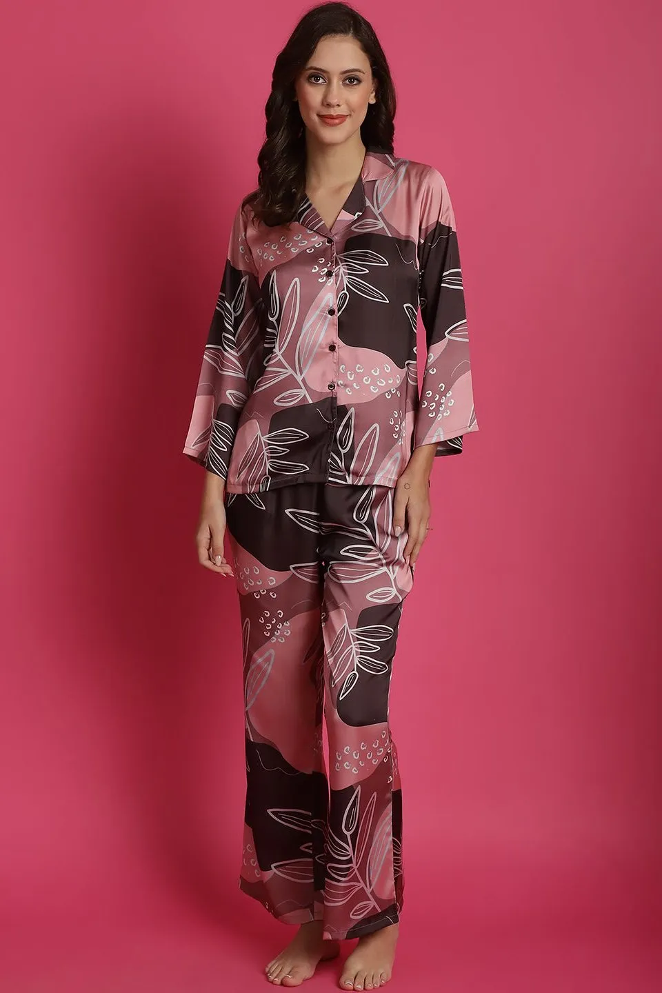 Pink Floral Printed Satin Night Suit for Women | S-XL | Claura