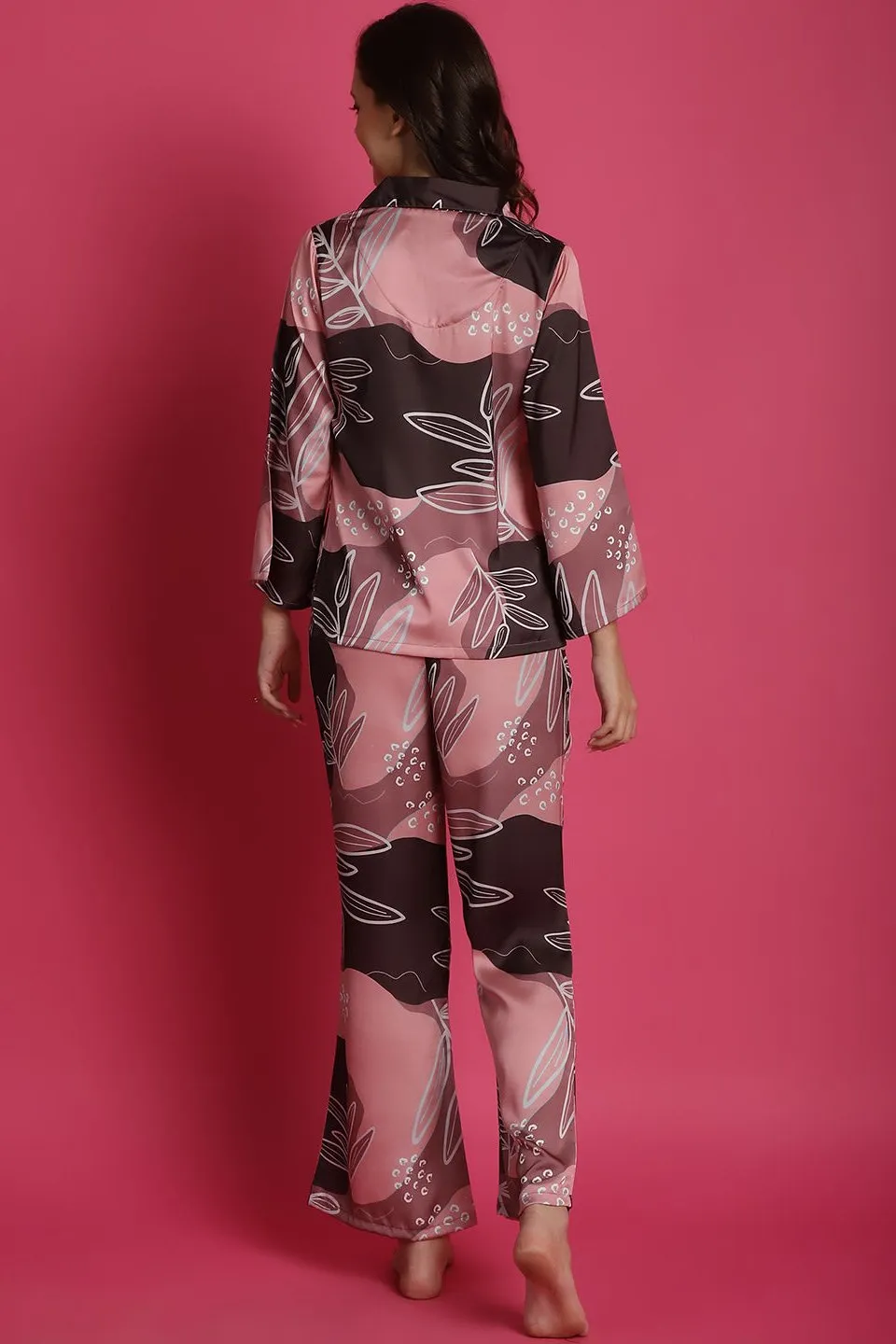 Pink Floral Printed Satin Night Suit for Women | S-XL | Claura