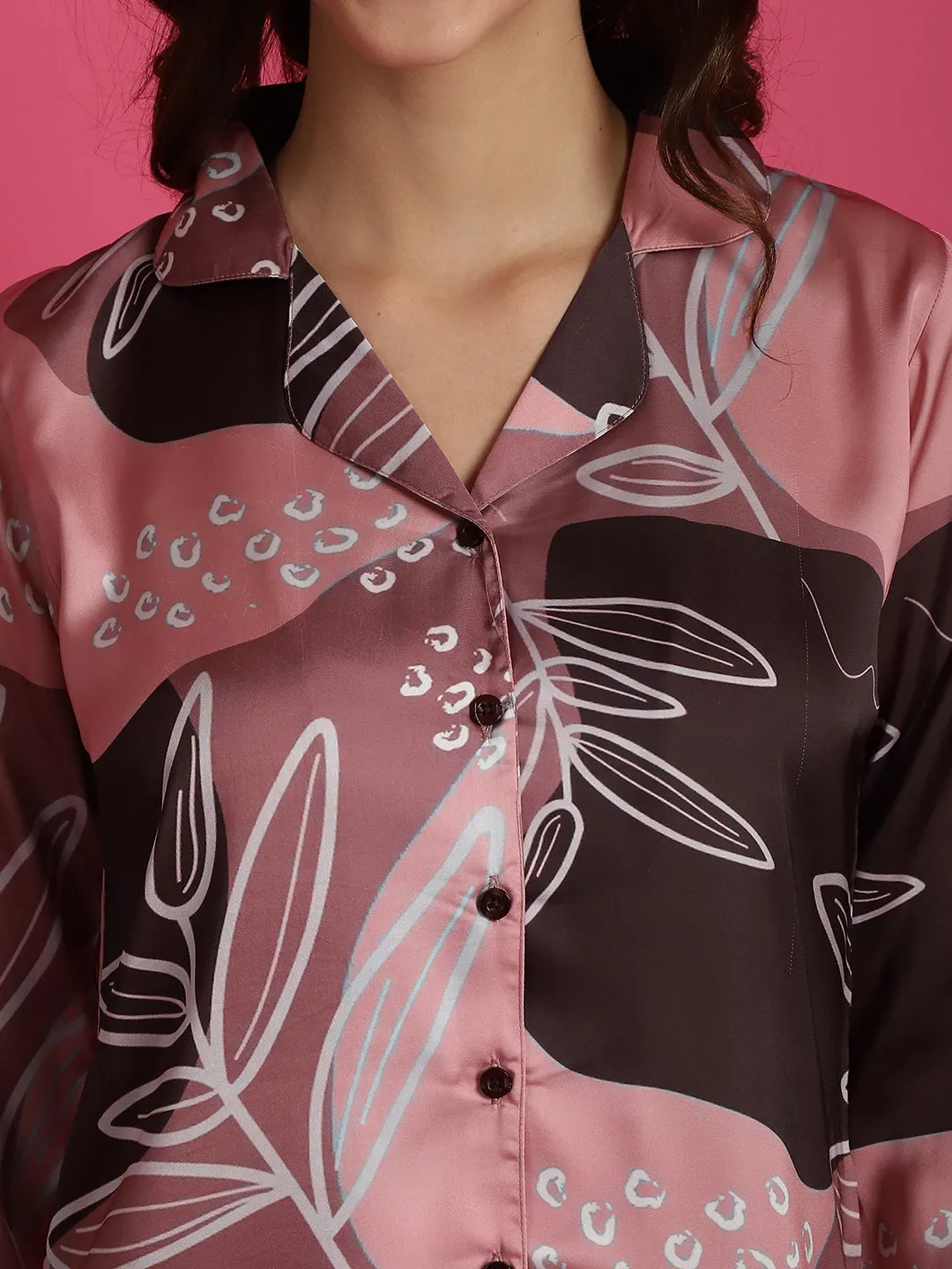 Pink Floral Printed Satin Night Suit for Women | S-XL | Claura