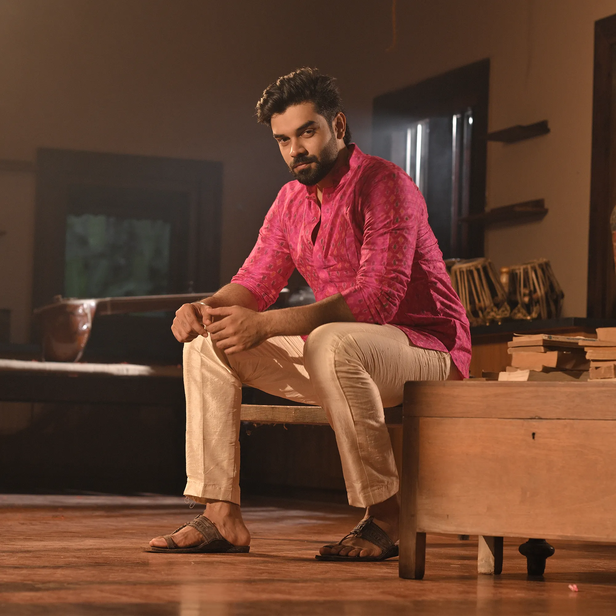 Pink Handwoven Kurta with Pyajama - Set