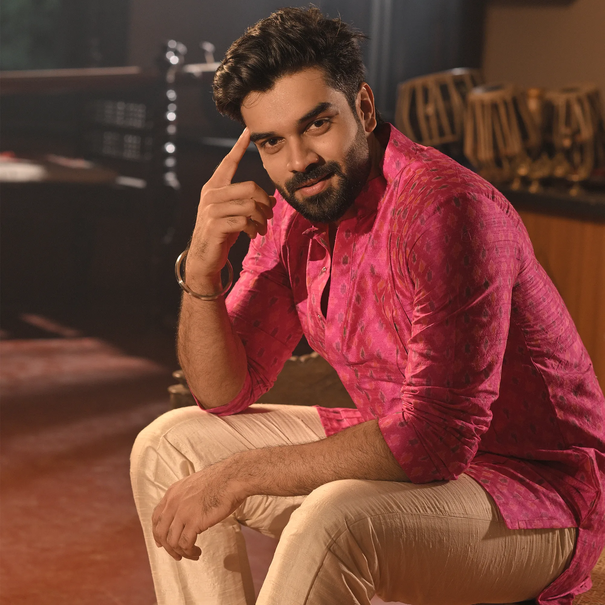 Pink Handwoven Kurta with Pyajama - Set