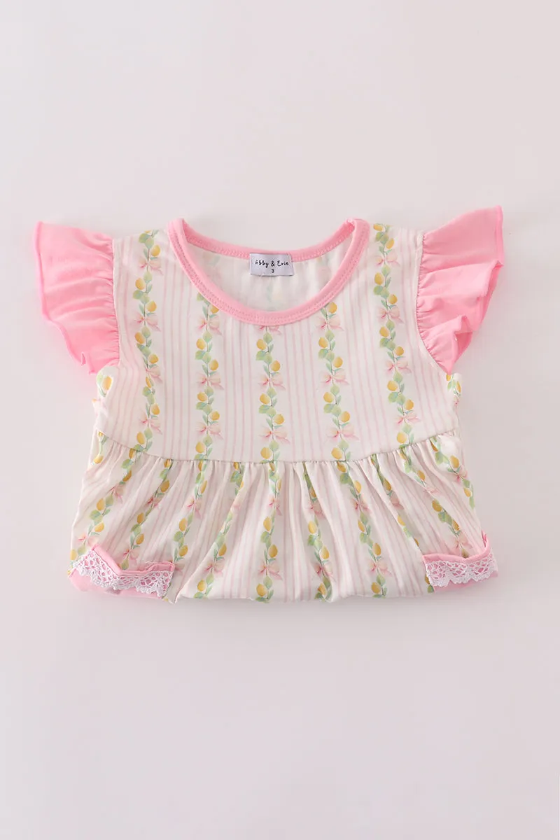 Pink lemon print bow ruffle shorts set