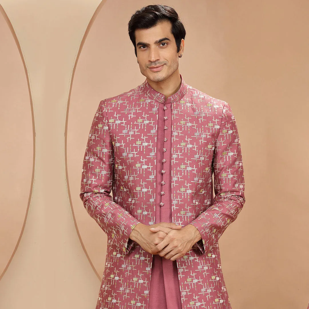 Pink Resham Indo Western With All Over Heavy Work Long Jacket