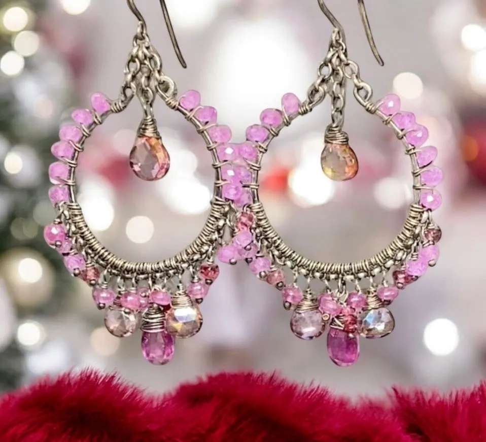 Pink Sapphire Chandelier Hoop Earrings in Oxidized Sterling Silver