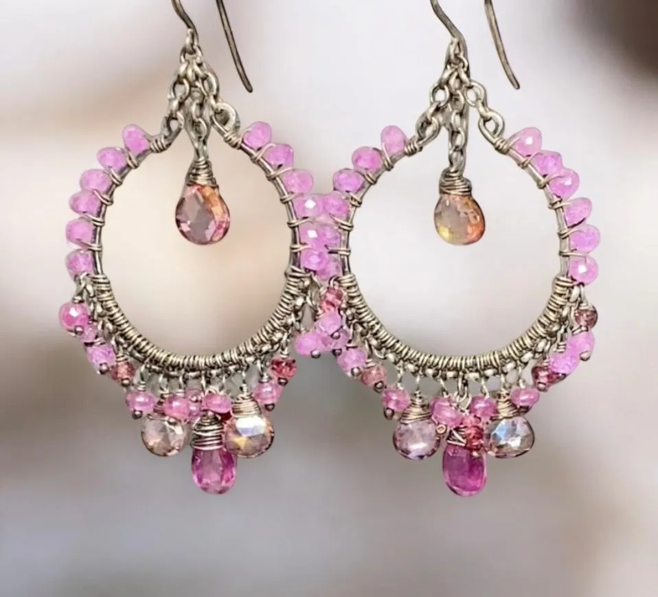 Pink Sapphire Chandelier Hoop Earrings in Oxidized Sterling Silver