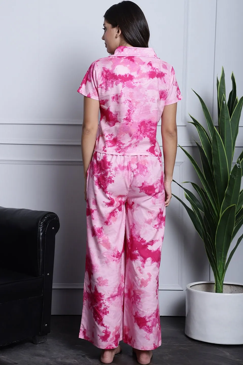 Pink Tie-Dye Printed Rayon Night Suit for Women | S-XL | Claura