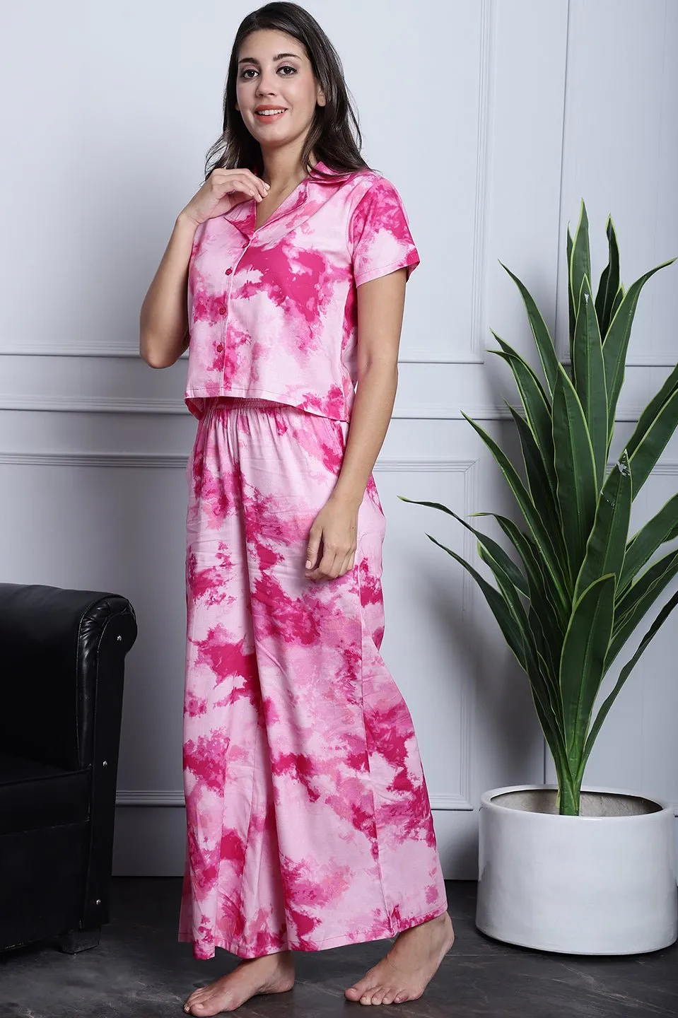 Pink Tie-Dye Printed Rayon Night Suit for Women | S-XL | Claura