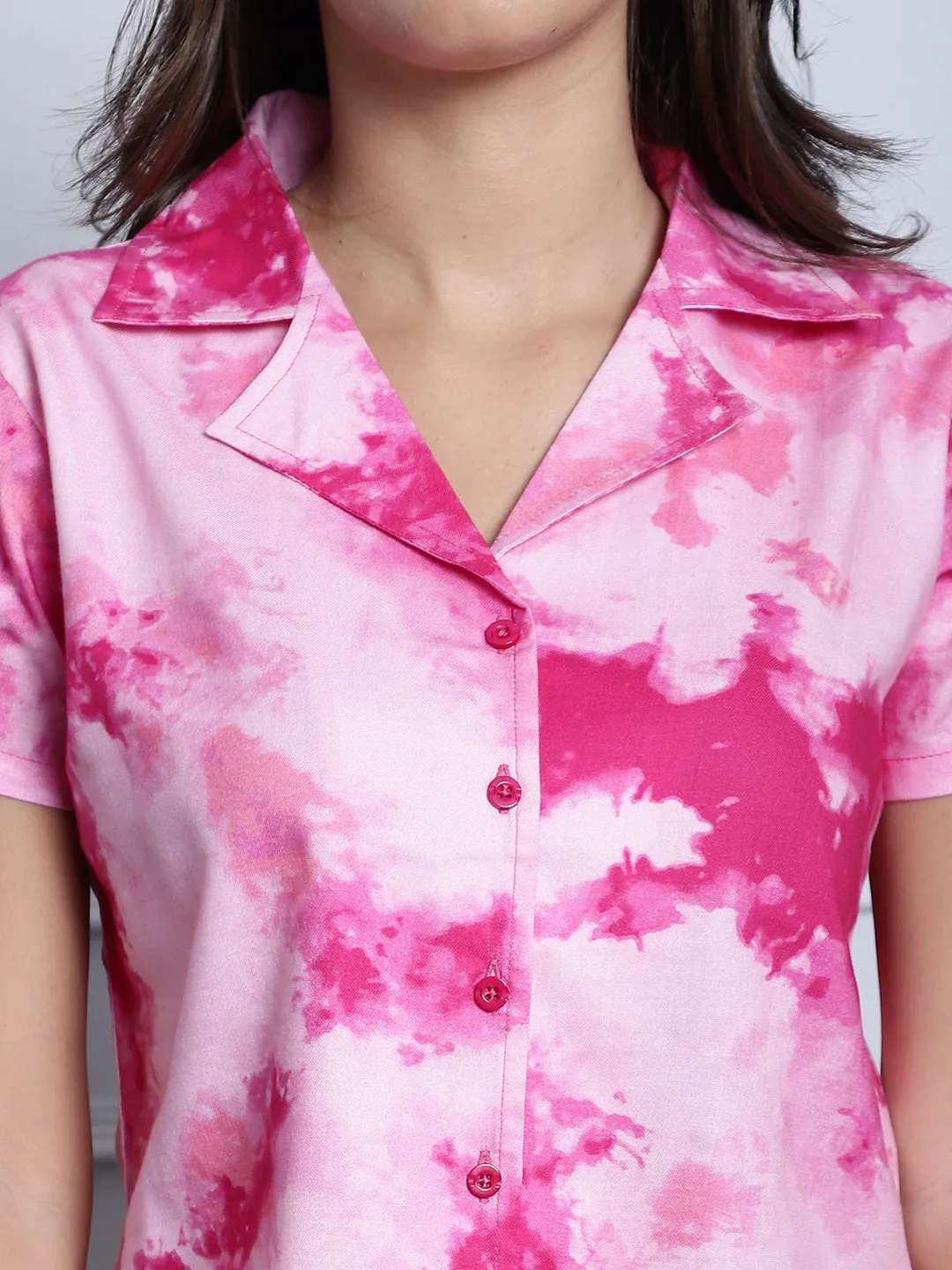 Pink Tie-Dye Printed Rayon Night Suit for Women | S-XL | Claura