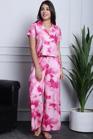 Pink Tie-Dye Printed Rayon Night Suit for Women | S-XL | Claura