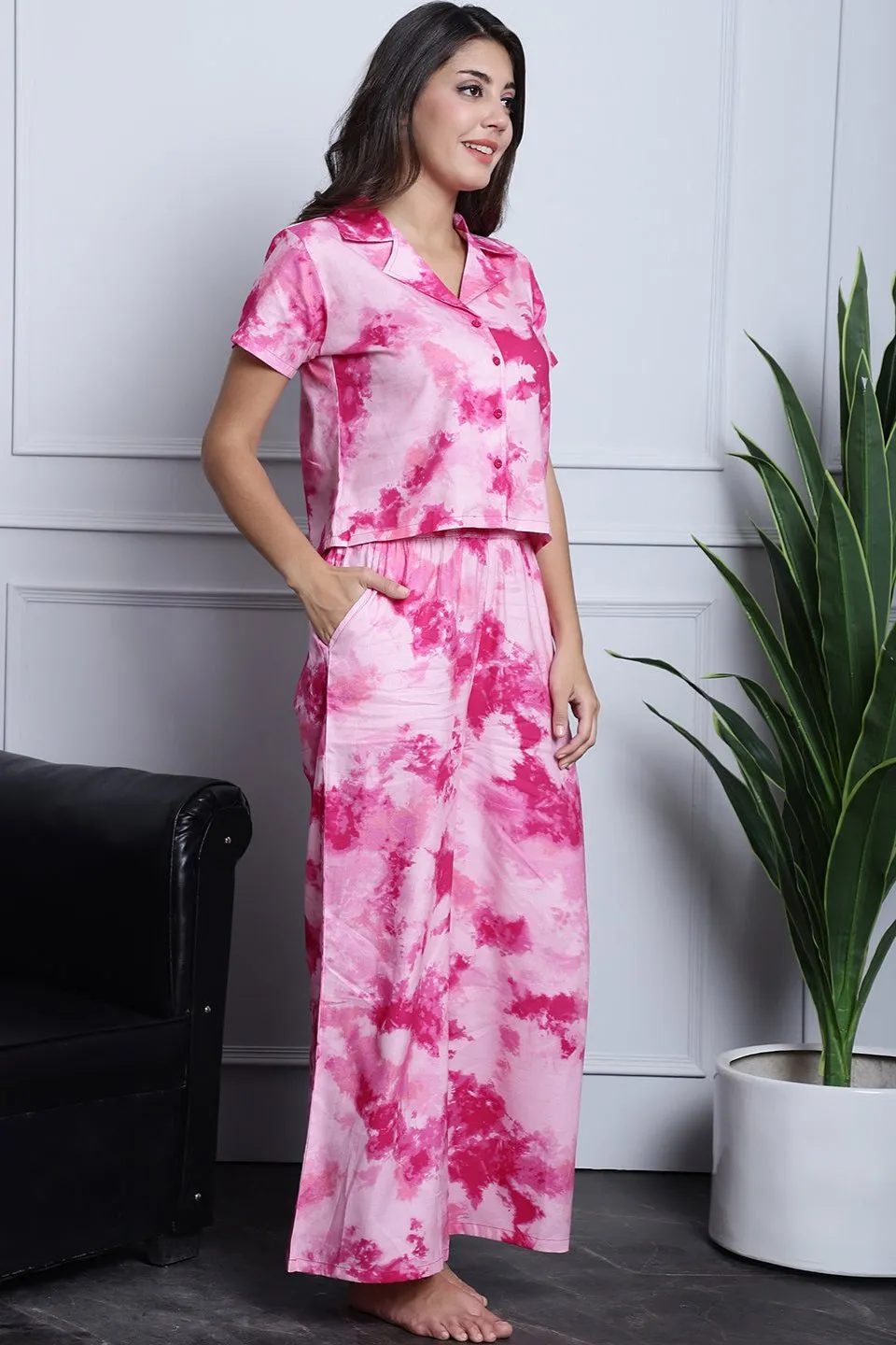 Pink Tie-Dye Printed Rayon Night Suit for Women | S-XL | Claura