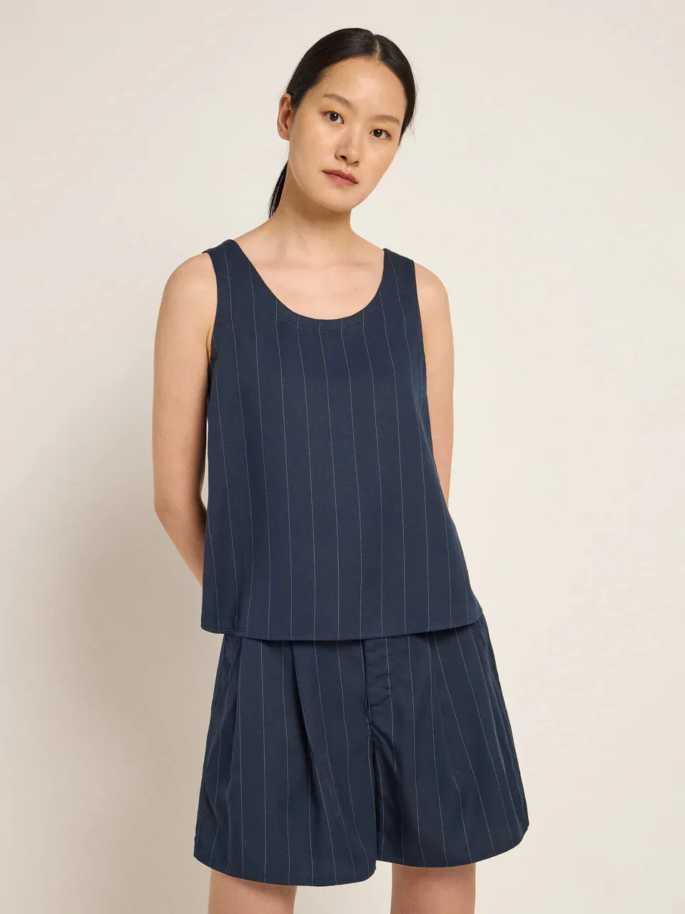 pinstripe shorts in navy