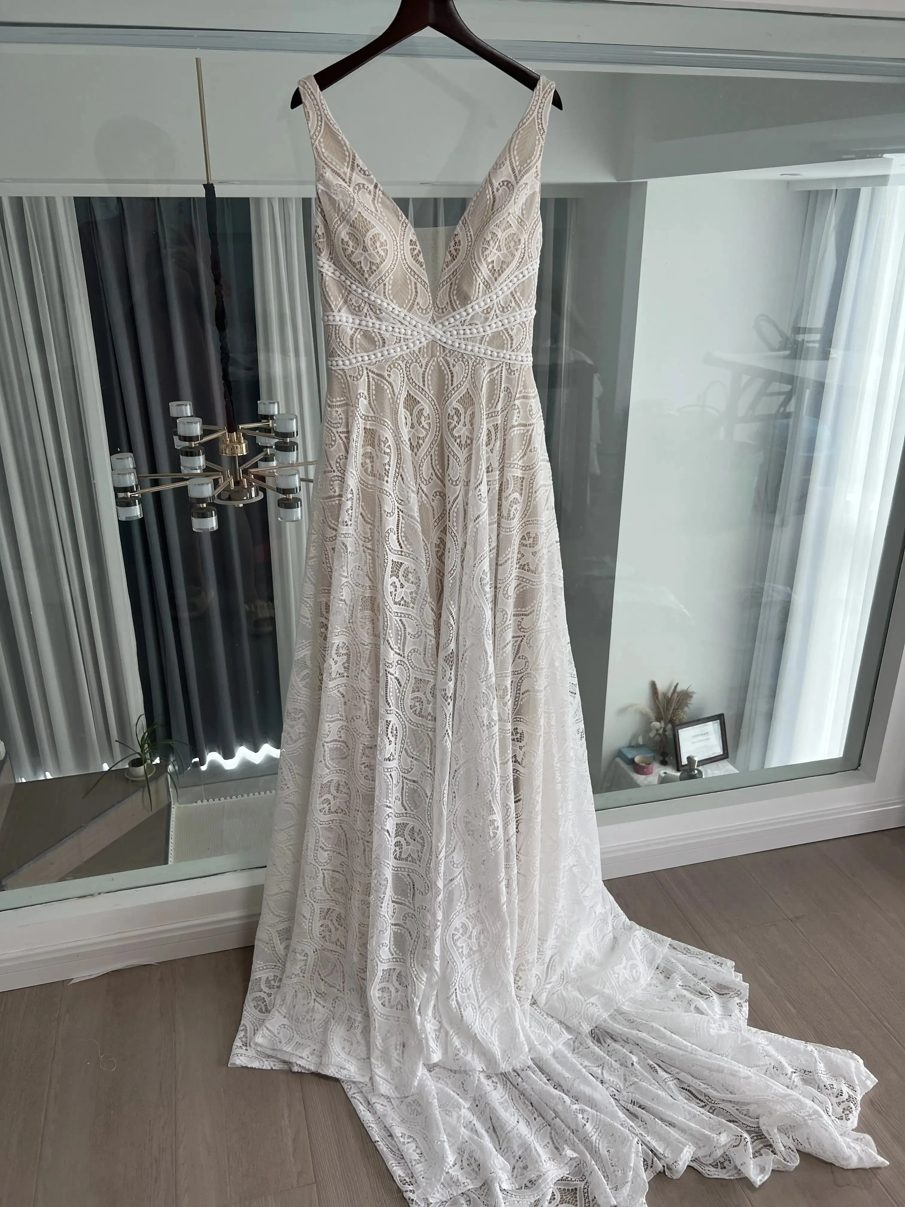 Plunging Neck Open Back Lace Wedding Dress Bridal Gowns