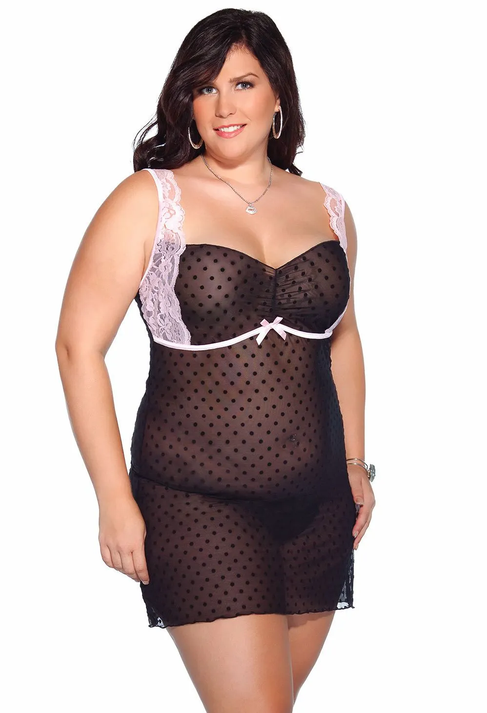 Plus Size Black Polka Dot Mesh Chemise Lingerie with Pink Lace Trim