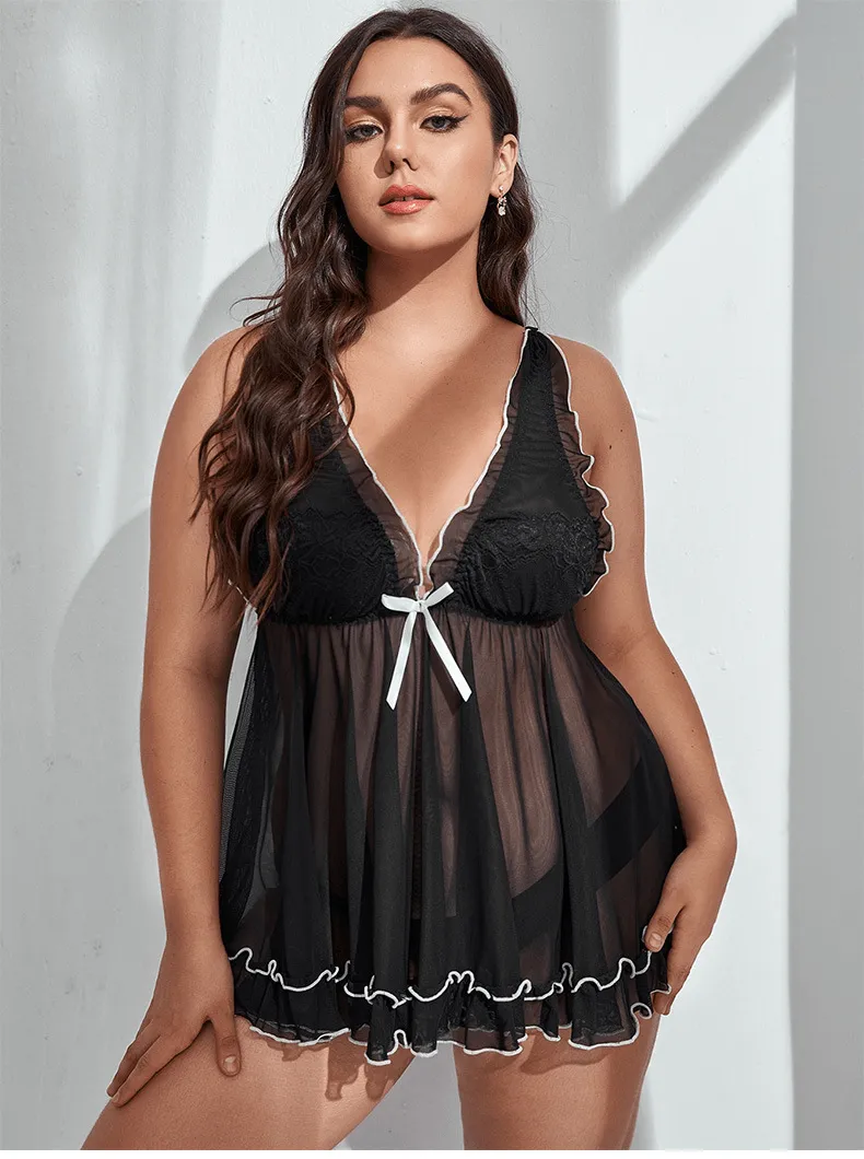 Plus Size Ruffle Backless V Neck Babydoll Lingerie