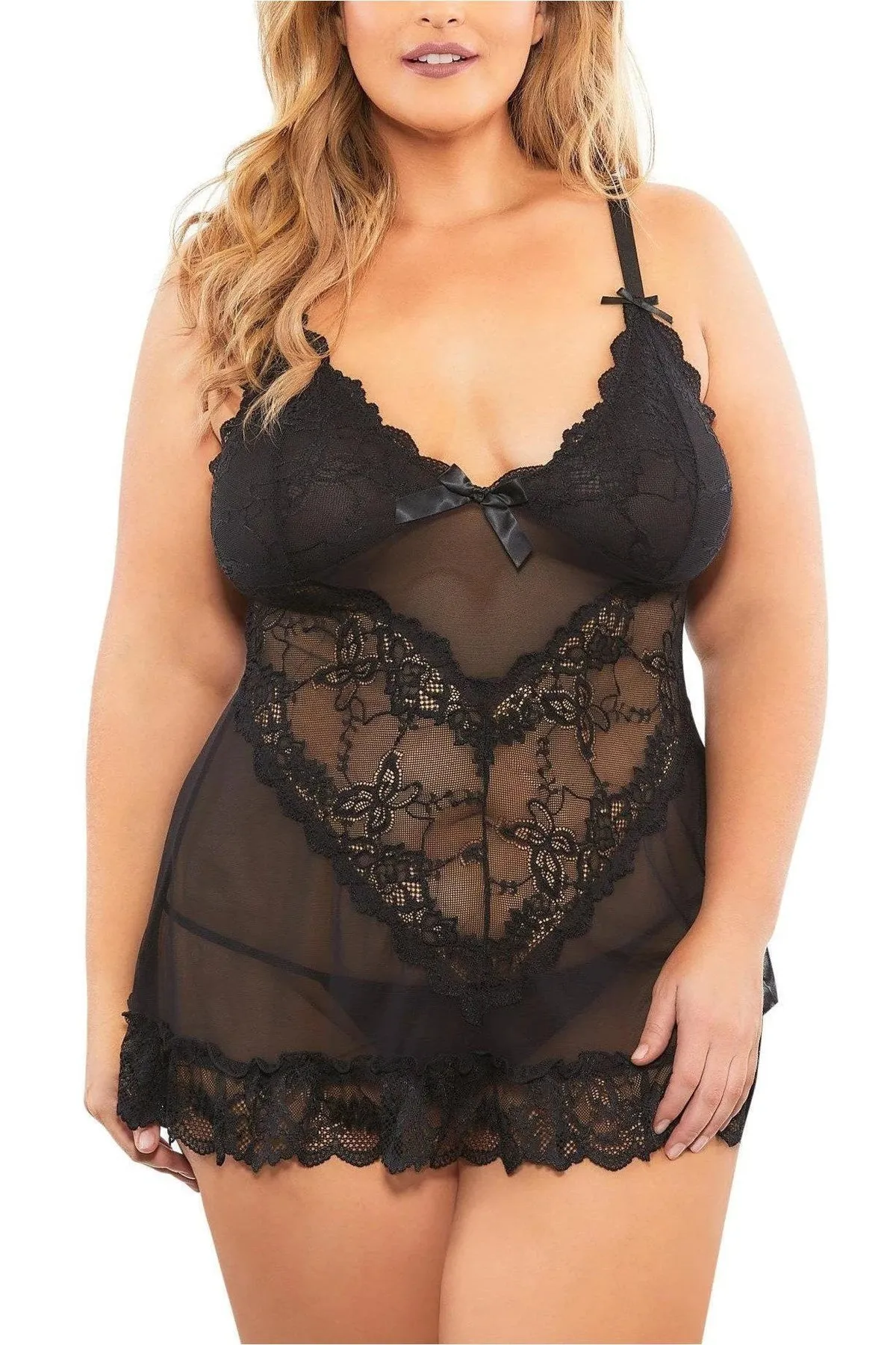 Plus Size Soft Cup Lacey Babydoll G-String Set