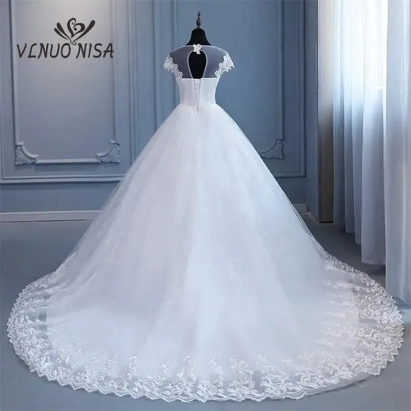 Plus Size Wedding Dress with Sleeve O Neck Brides Dress Floor