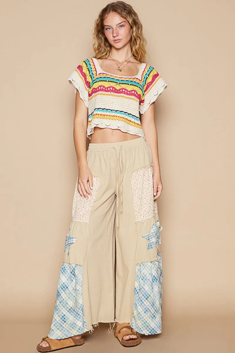 POL Openwork Ethnic Pattern Square Neck Cropped Knit Top