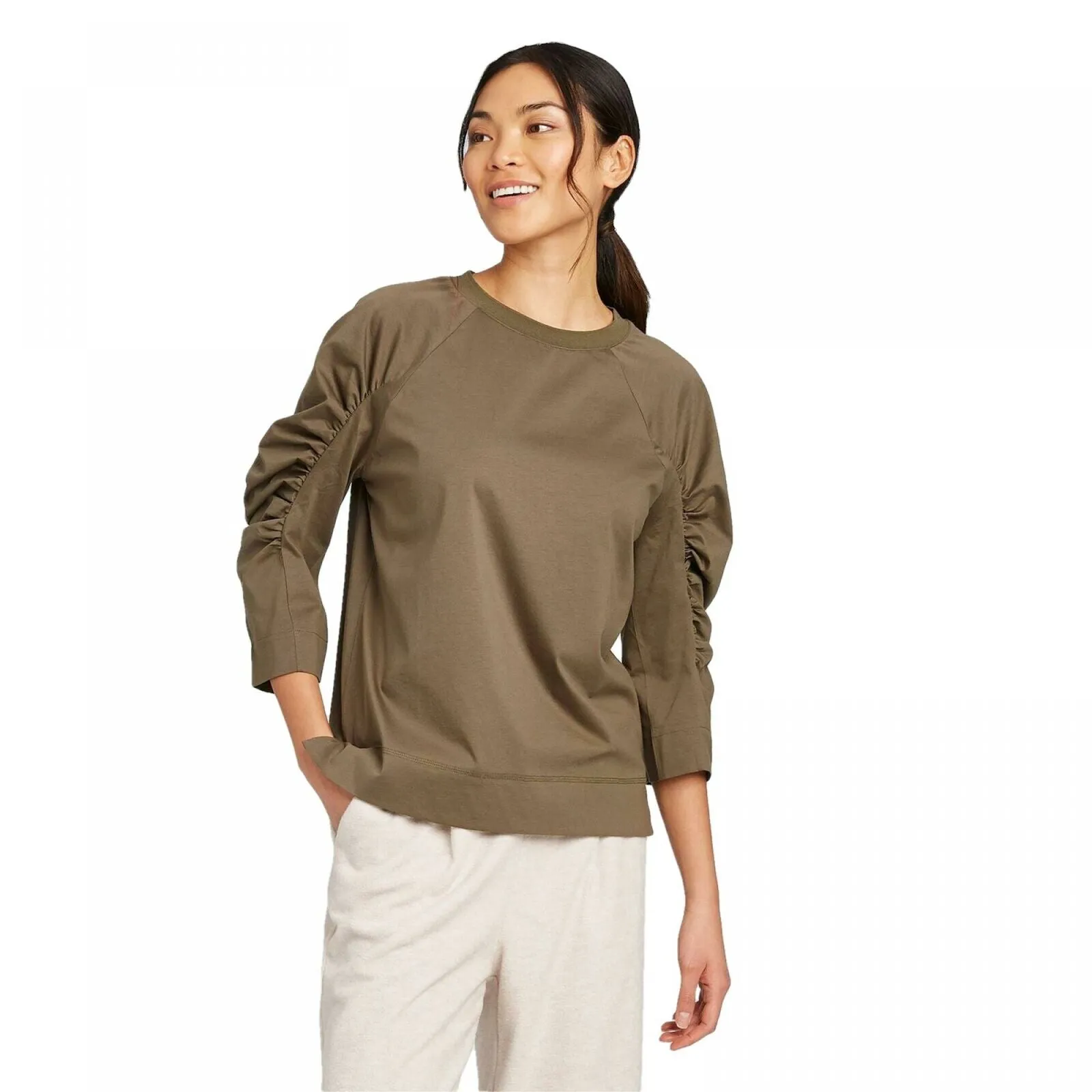 Prologue Women's Ruched Raglan 3/4-Sleeve Crewneck T-Shirt