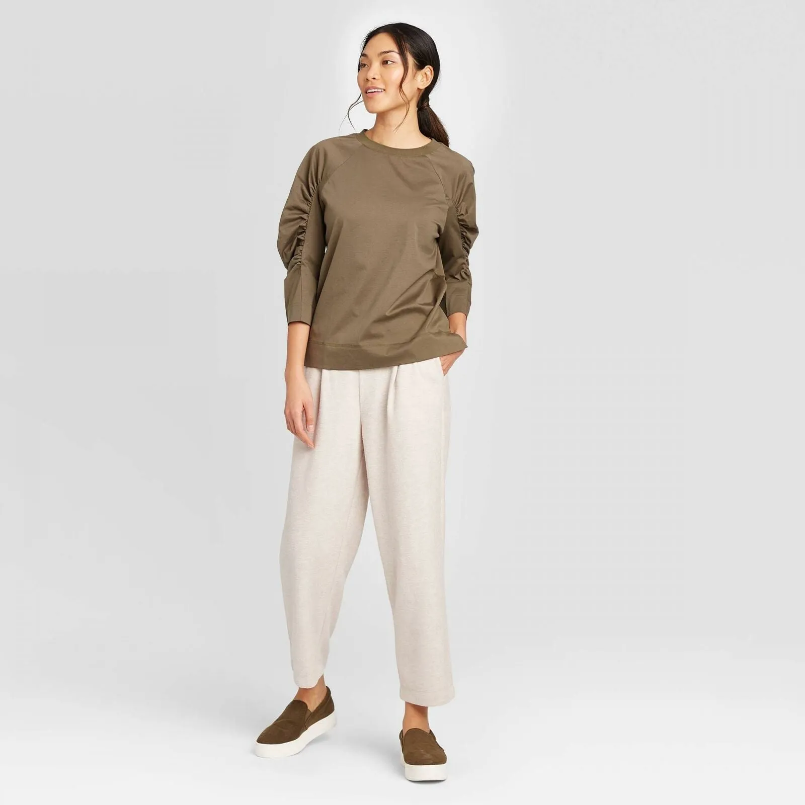 Prologue Women's Ruched Raglan 3/4-Sleeve Crewneck T-Shirt