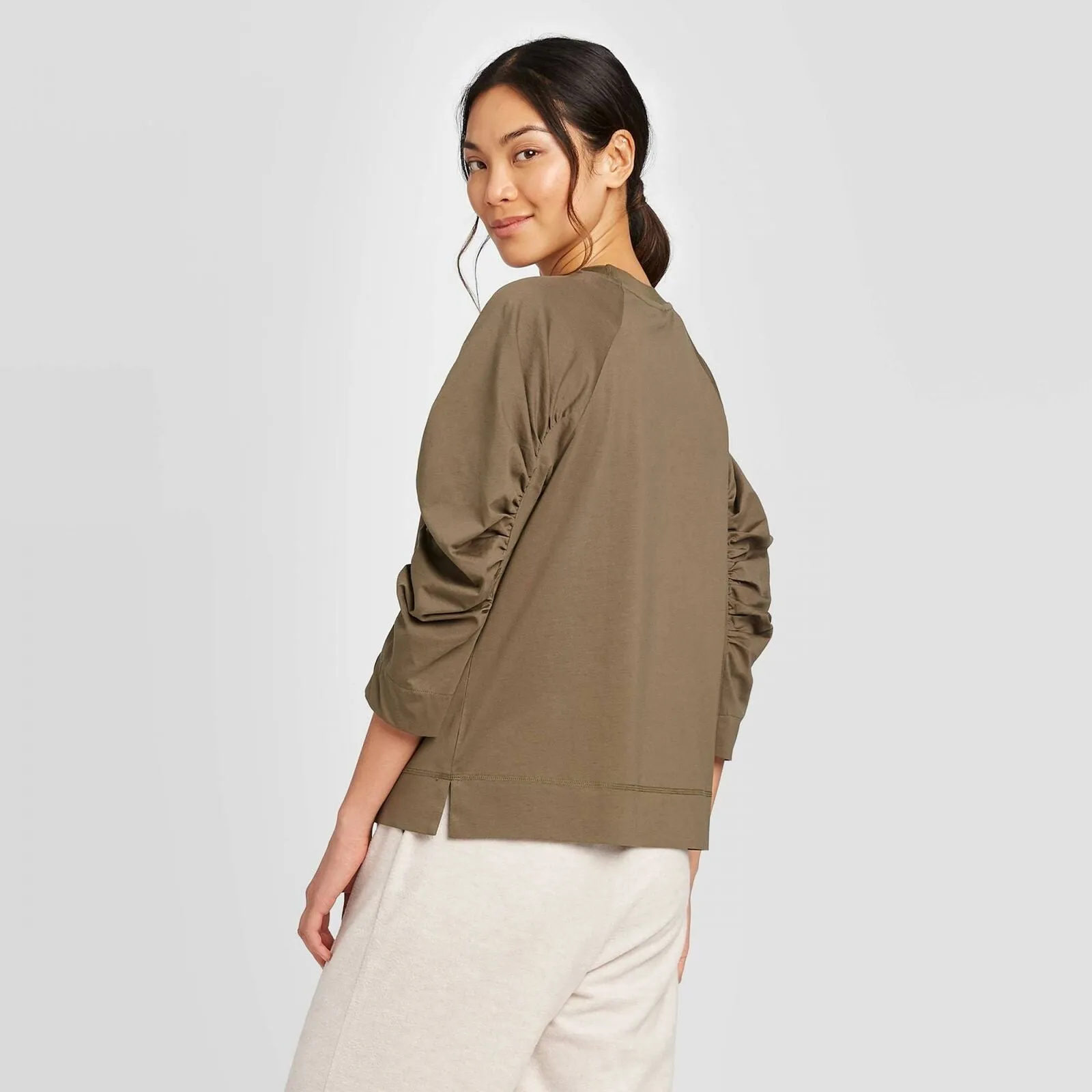 Prologue Women's Ruched Raglan 3/4-Sleeve Crewneck T-Shirt
