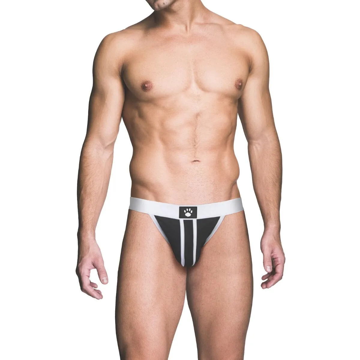 Prowler RED White Ass-less Jock Strap with Back Straps - 82% Polyester - Fetish Theme
