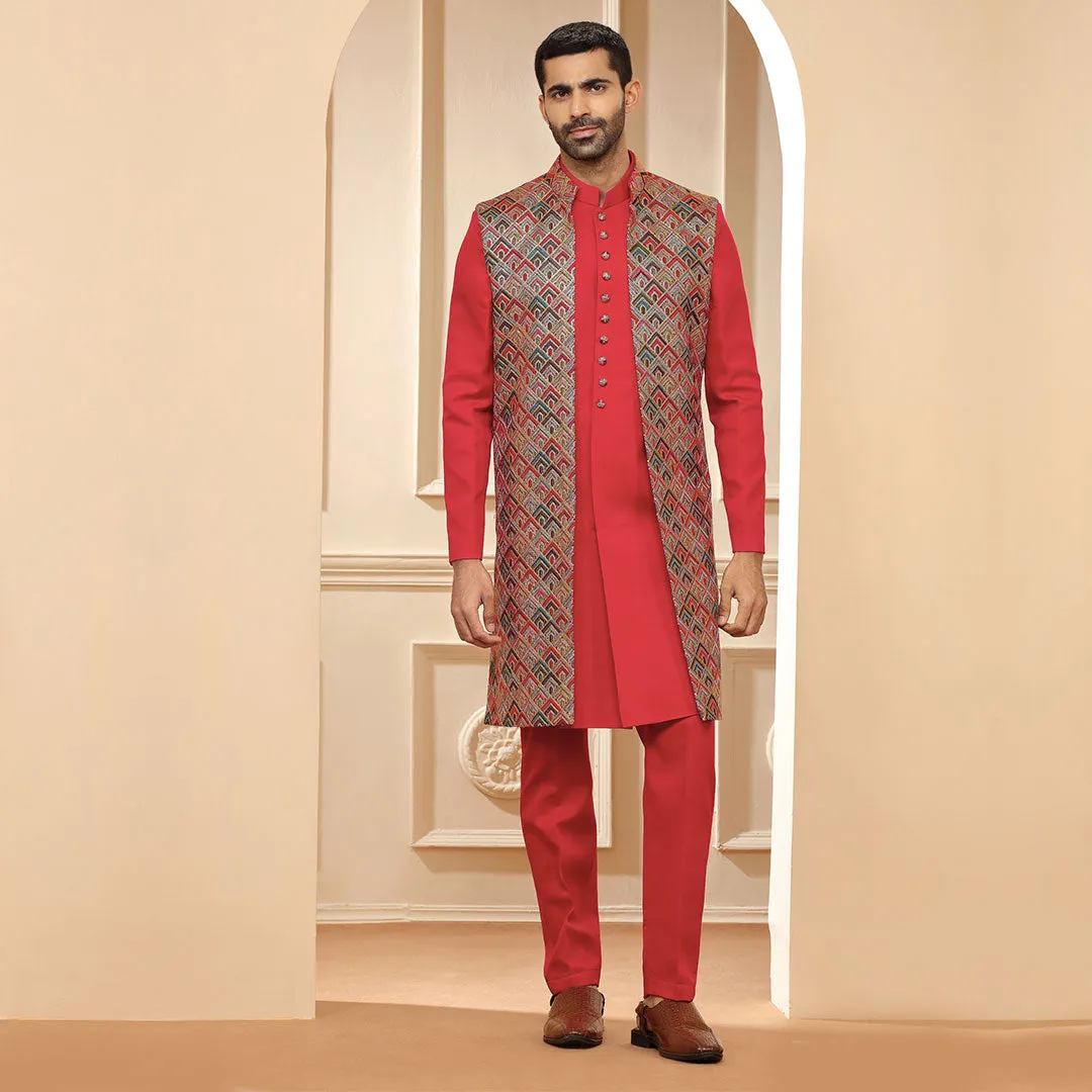 Purest Red Indo Western  With Multicolored Heavy work Jacket