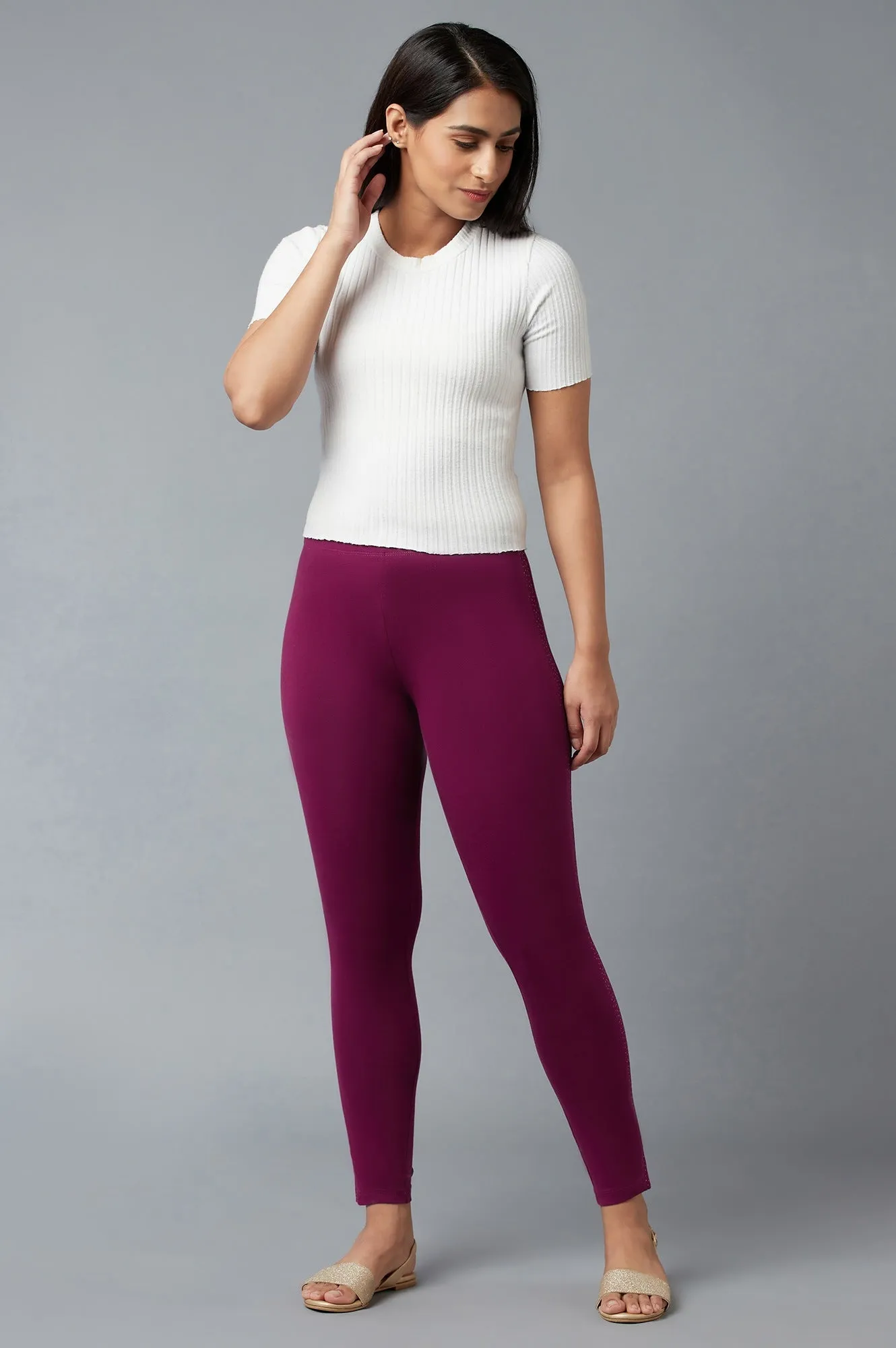 Purple Cotton Lycra Tights For Women