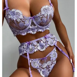 Purple lace garter belt three-piece set