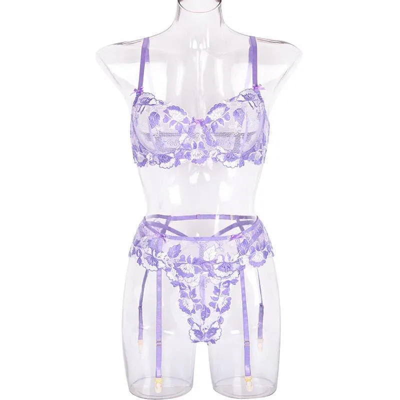 Purple lace garter belt three-piece set