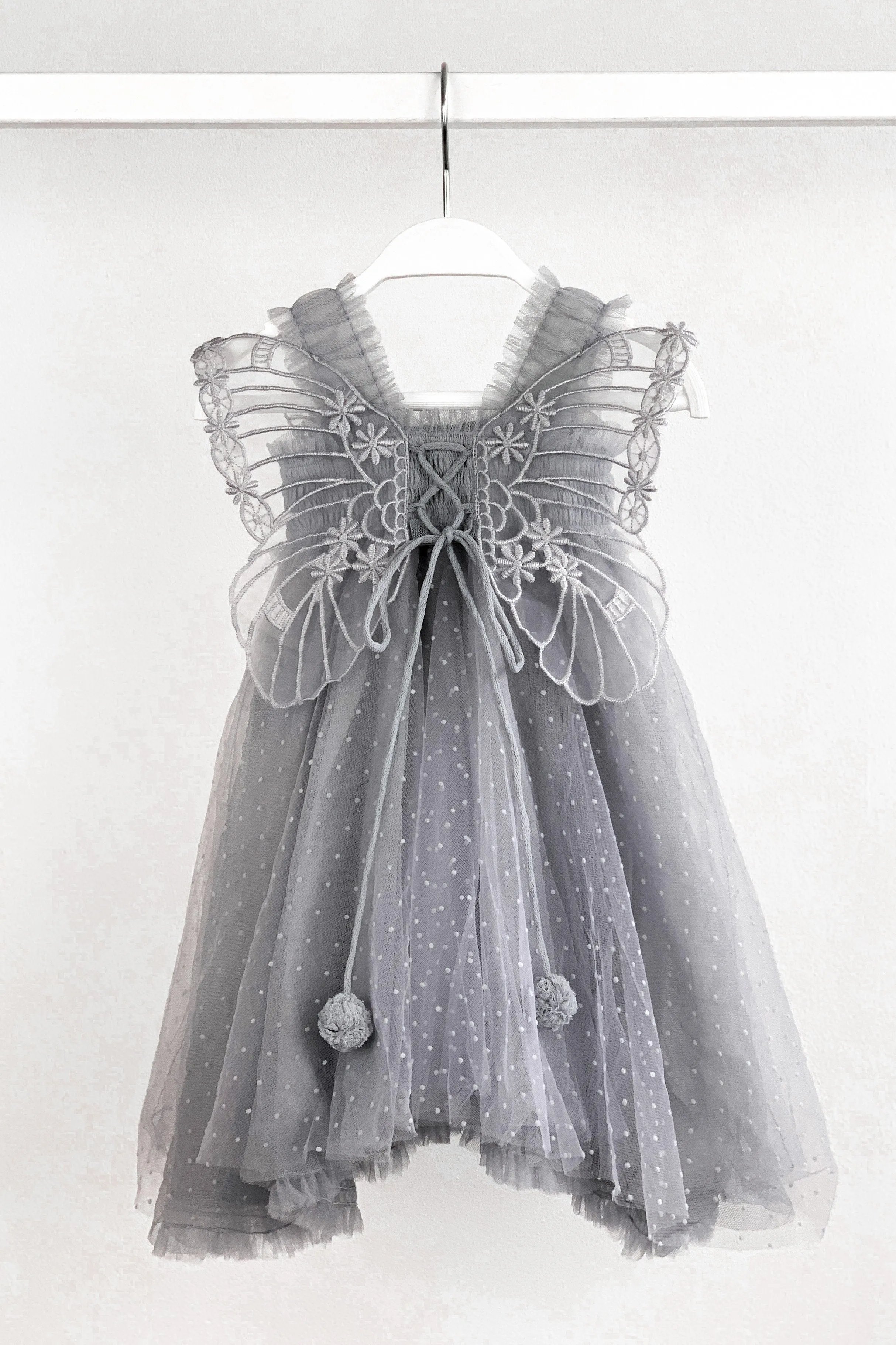 "Stormi" Grey Plumeti Dot Fairy Wing Dress