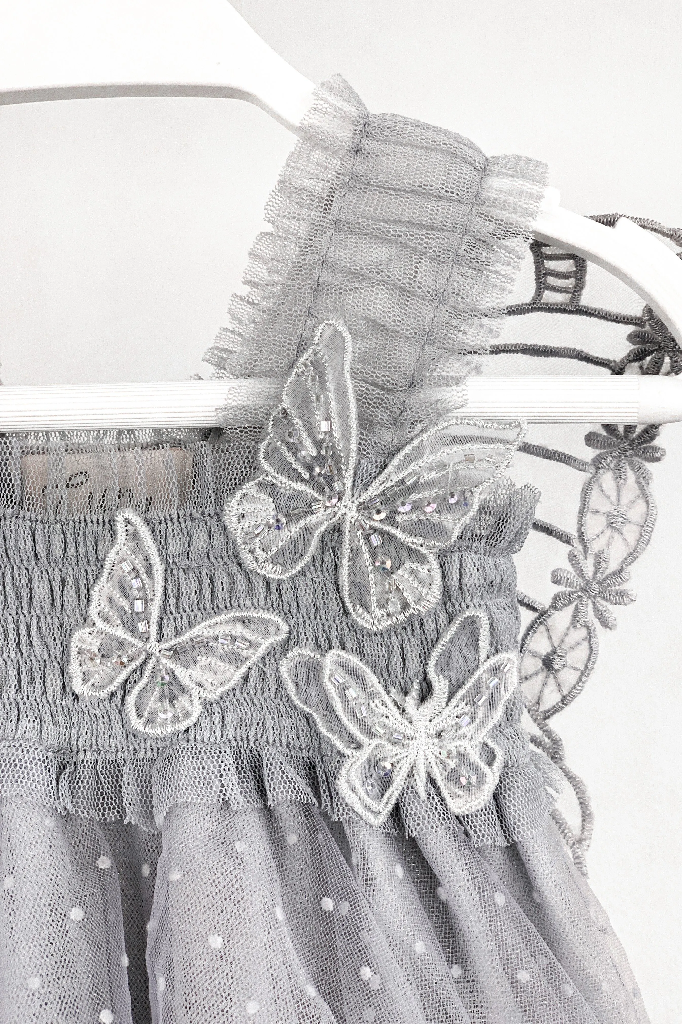 "Stormi" Grey Plumeti Dot Fairy Wing Dress