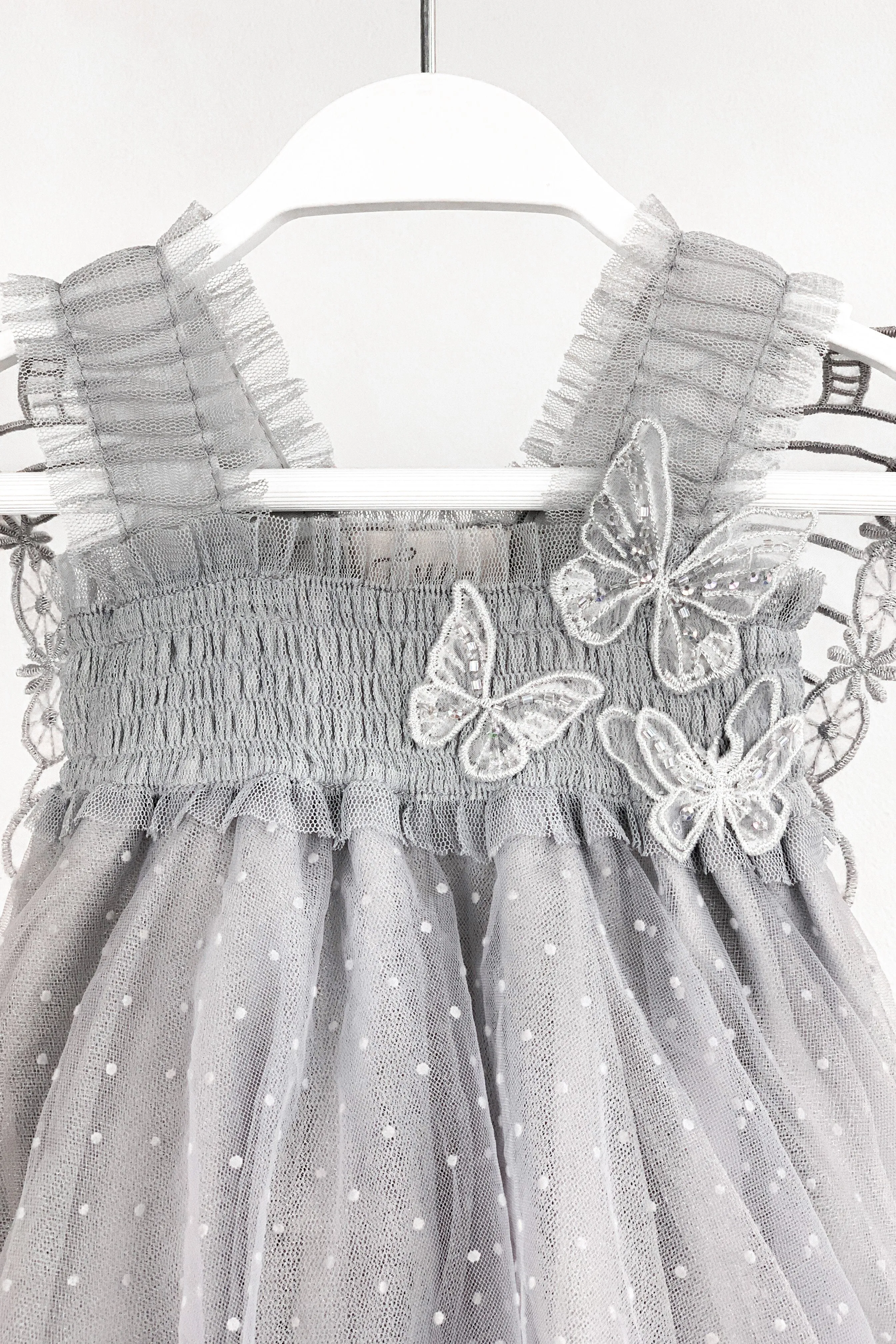 "Stormi" Grey Plumeti Dot Fairy Wing Dress