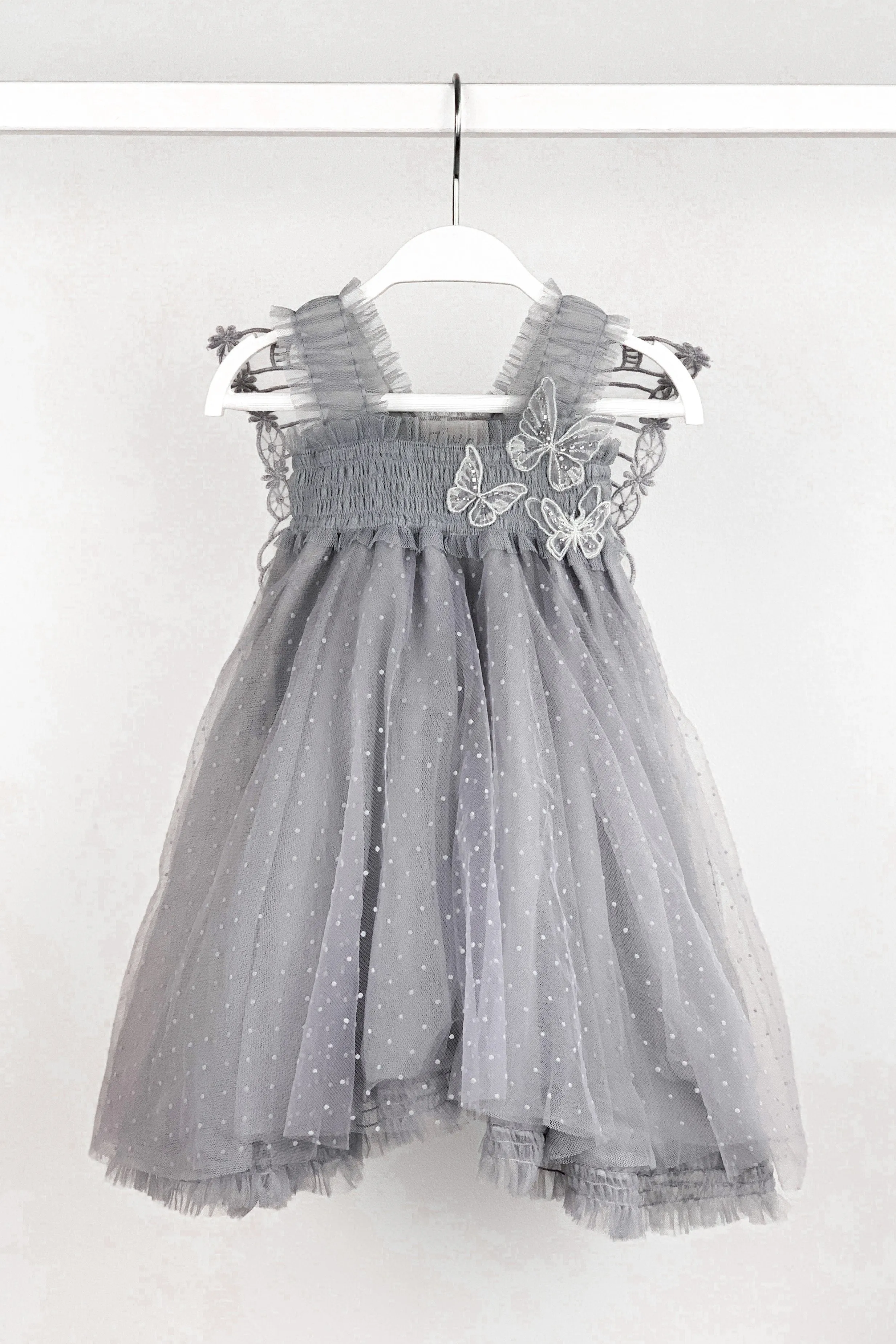 "Stormi" Grey Plumeti Dot Fairy Wing Dress