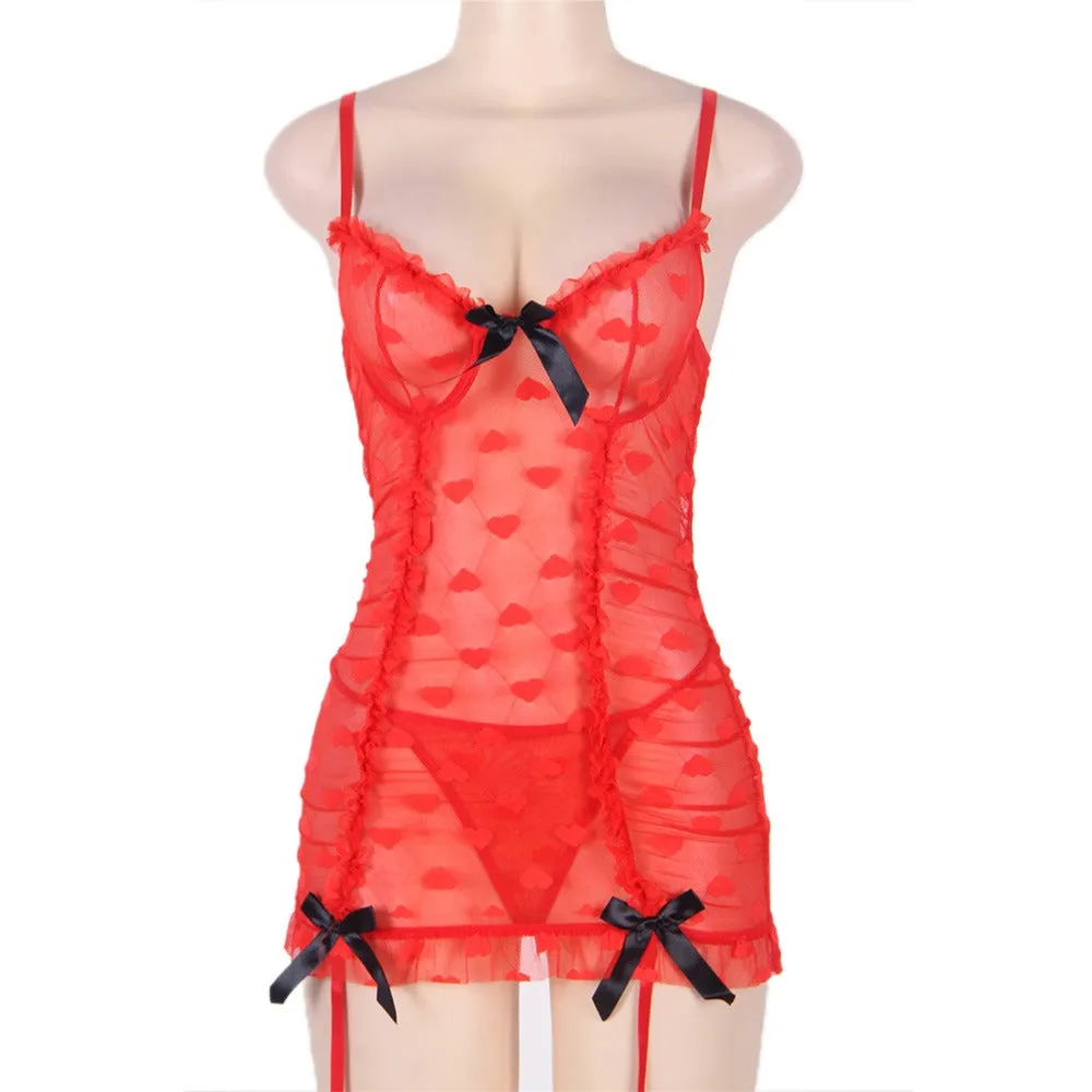 Red Halter Heart Jacquard Mesh Garter Lingerie