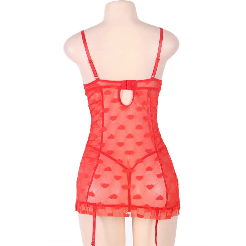 Red Halter Heart Jacquard Mesh Garter Lingerie