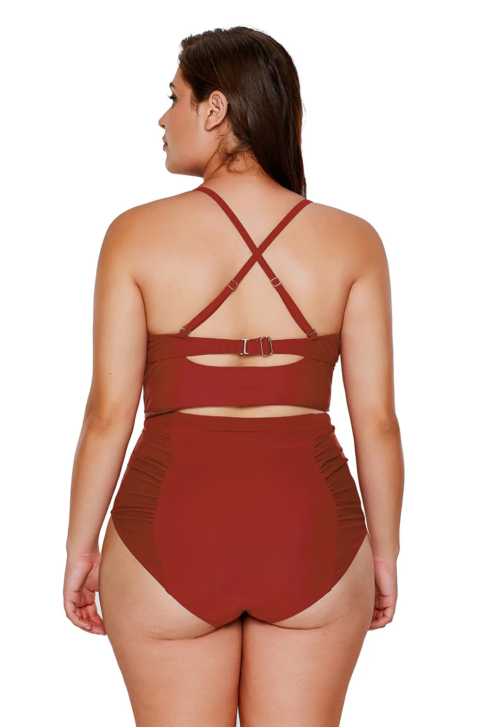 Red Strappy Neck Detail High Waist Swimsuit