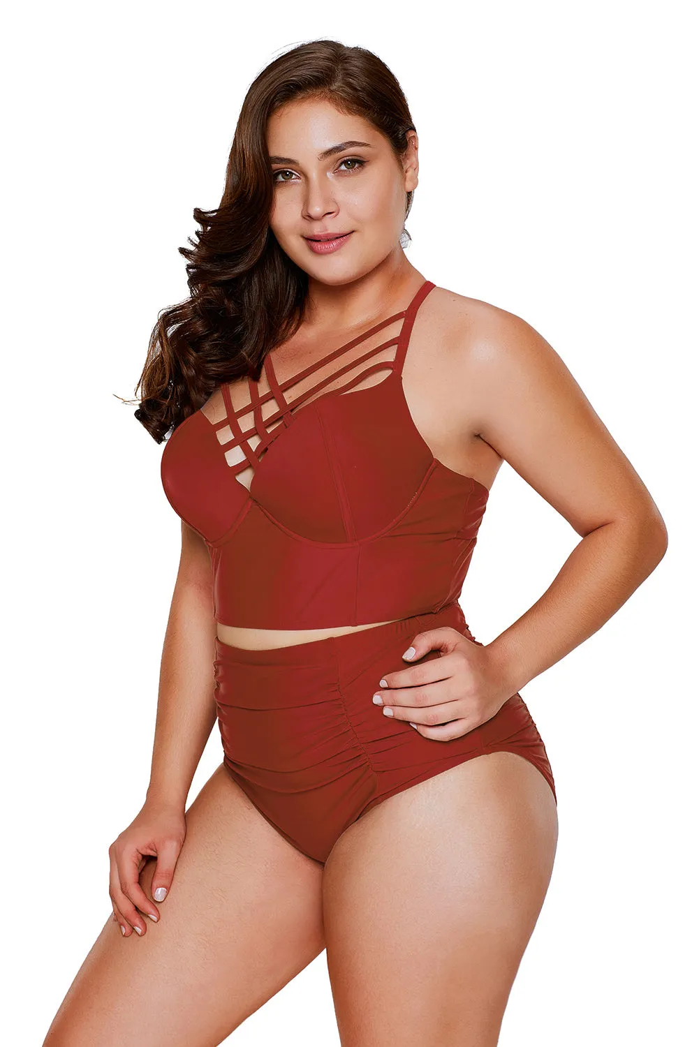 Red Strappy Neck Detail High Waist Swimsuit
