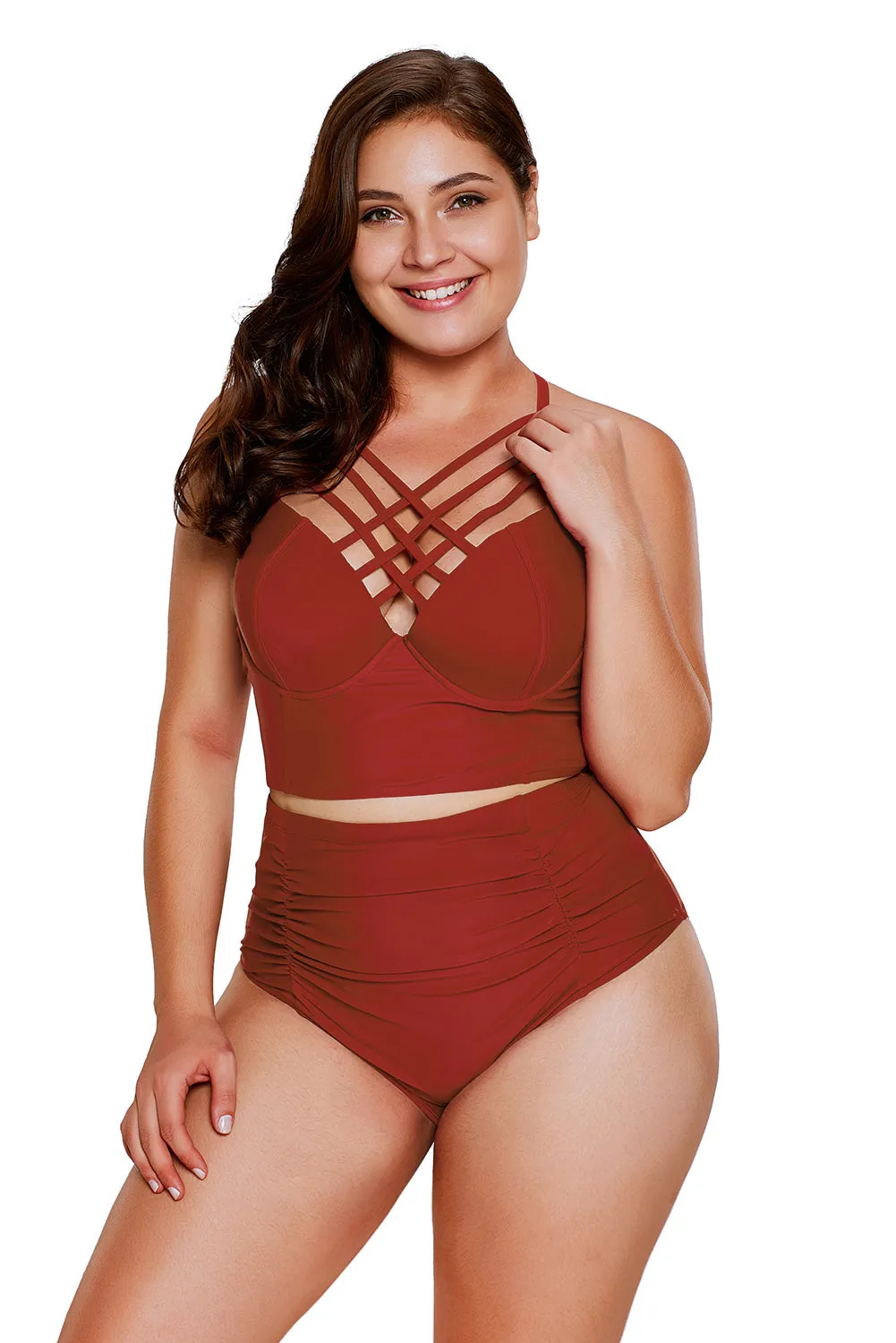 Red Strappy Neck Detail High Waist Swimsuit