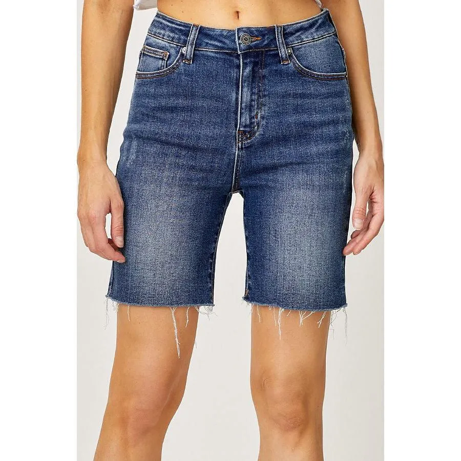 Risen High Rise Raw Hem Mid-Length Shorts