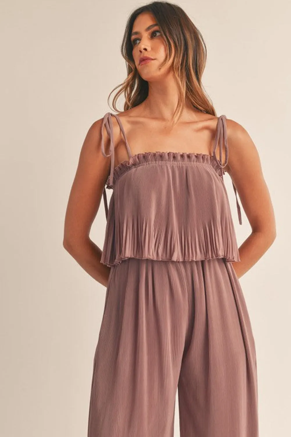Rose Tan Solid Self Tied Straps Pleated Wide Leg Jumpsuit