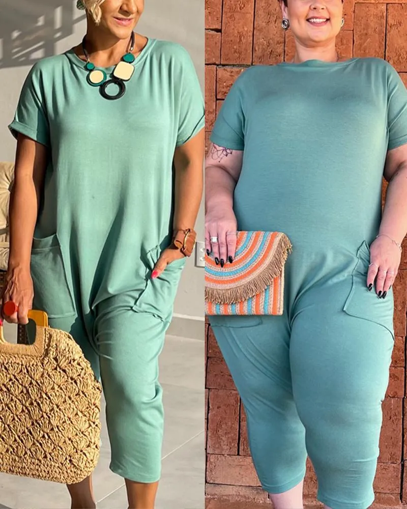Round Neck Short Sleeve Pocket Design Jumpsuit Casual Loose Fit Harem Capris Romper