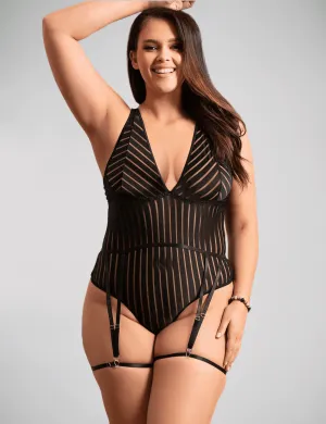 Scandals Black Sheer Striped Bodysuit with Garter Belt - Ravishing and Seductive