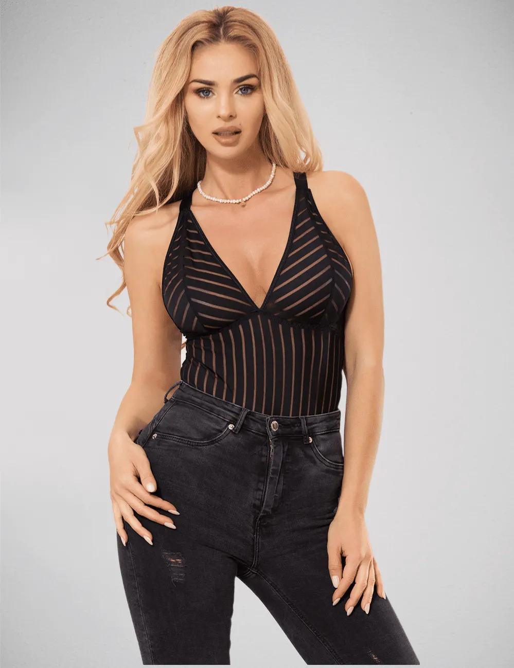 Scandals Black Sheer Striped Bodysuit with Garter Belt - Ravishing and Seductive