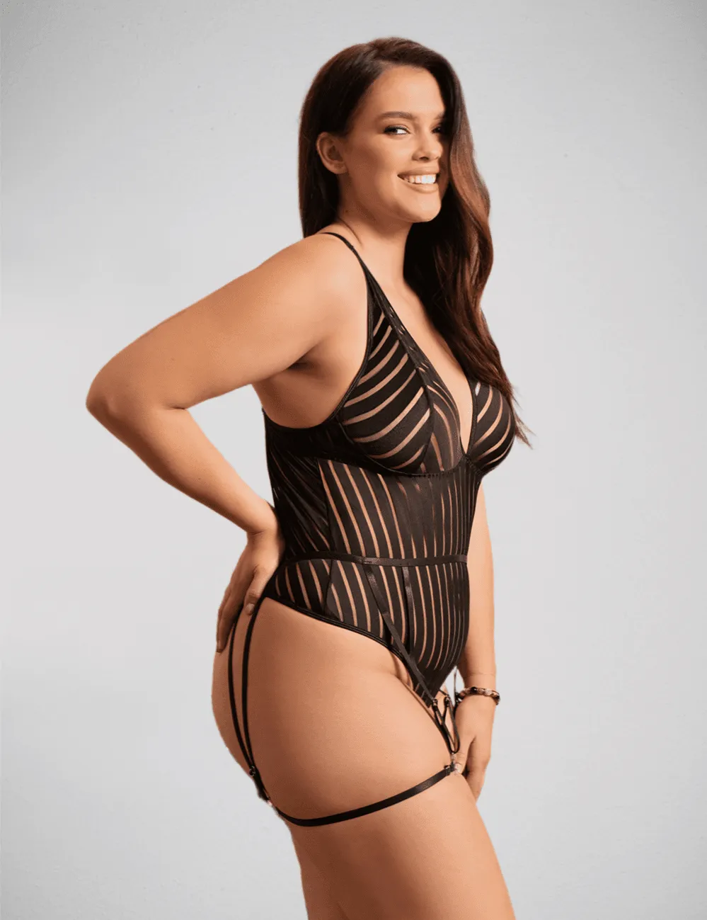 Scandals Black Sheer Striped Bodysuit with Garter Belt - Ravishing and Seductive