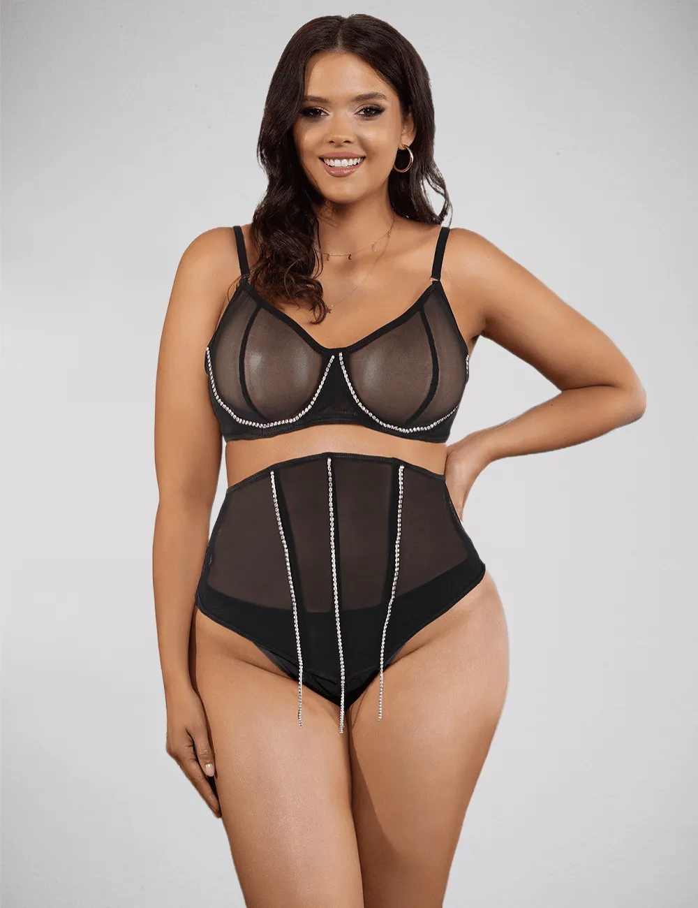 Scandals Boned Mesh Sexy Bra Set with Diamond Stitching & Chain Detail - 8/10, 12/14, 16/18, 20/22 - Pink/Black