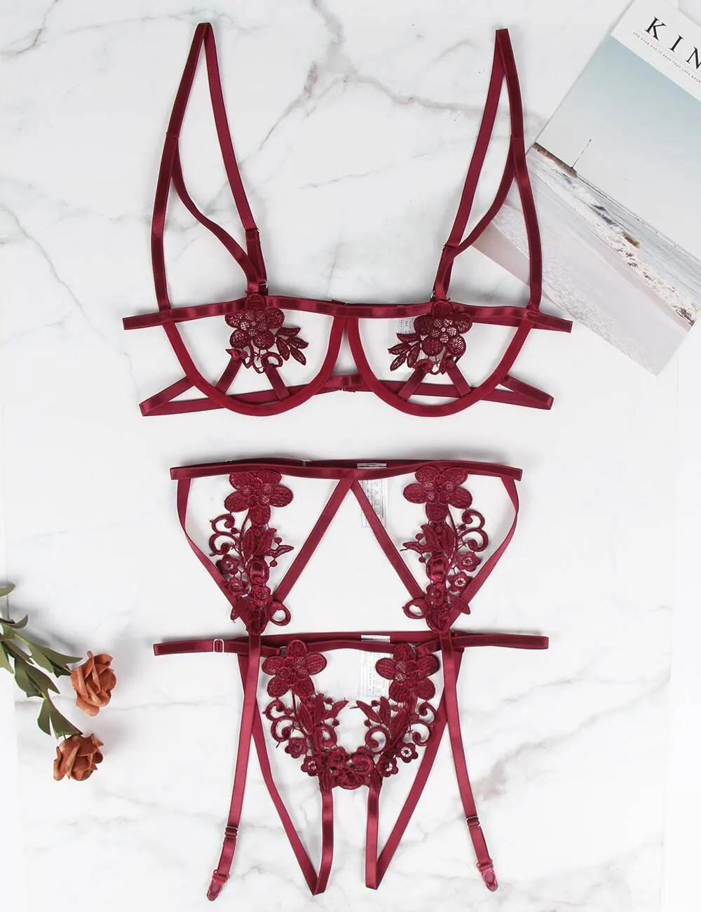 Scandals Three Piece Embroidery Bra Panty Set With Underwire