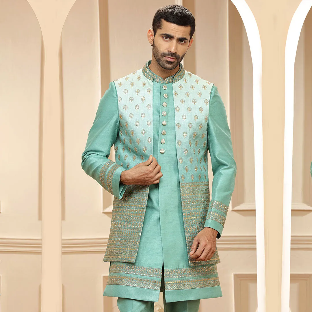 Seafoam Green Ombre Three Piece Indo Western